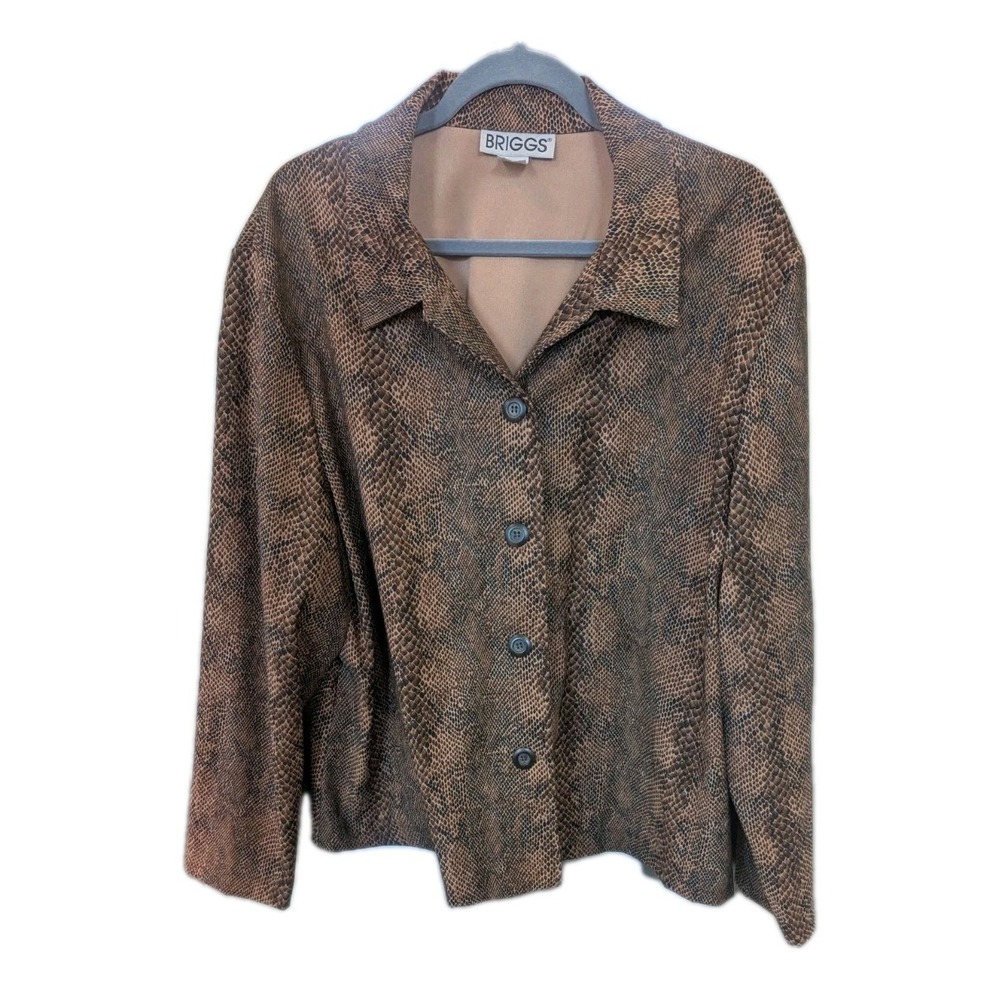 EUC Briggs Women's 2X snake print Shacket Brown Equestrian Buuton Up Collared